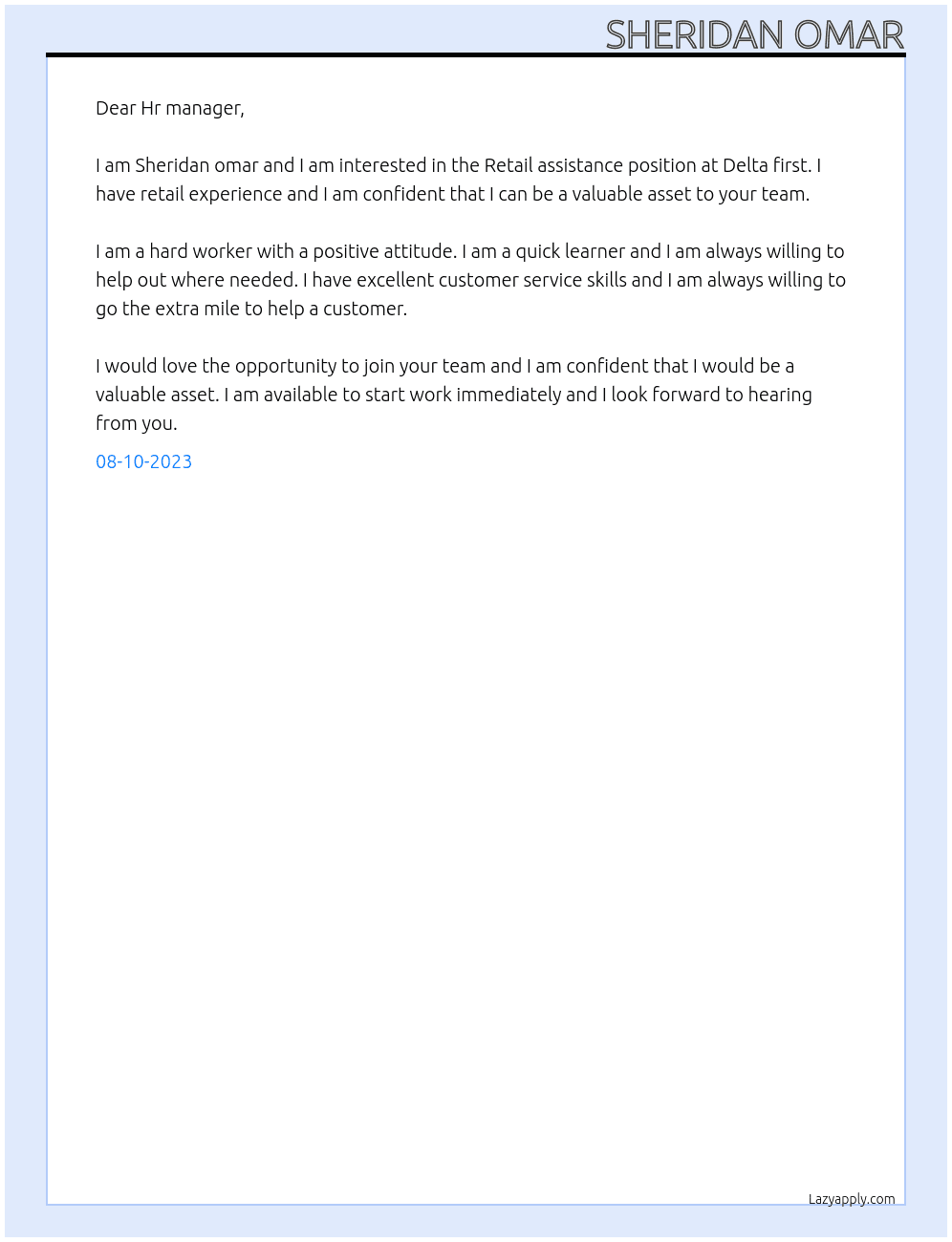 Retail assistance  At Delta first Cover Letter