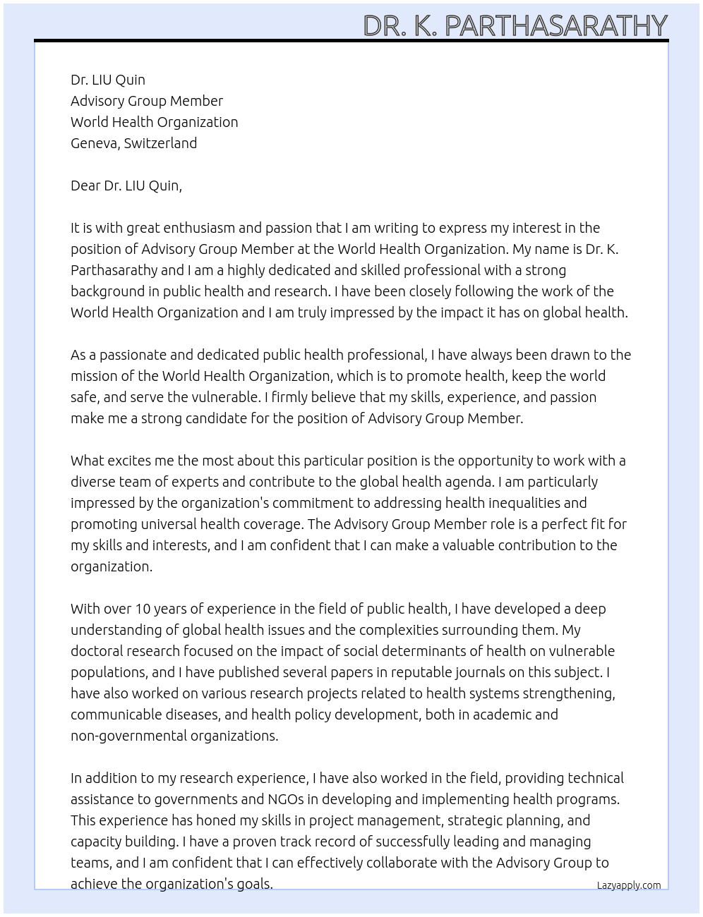Advisory Group Member At World Health Organization, Geneva Cover Letter