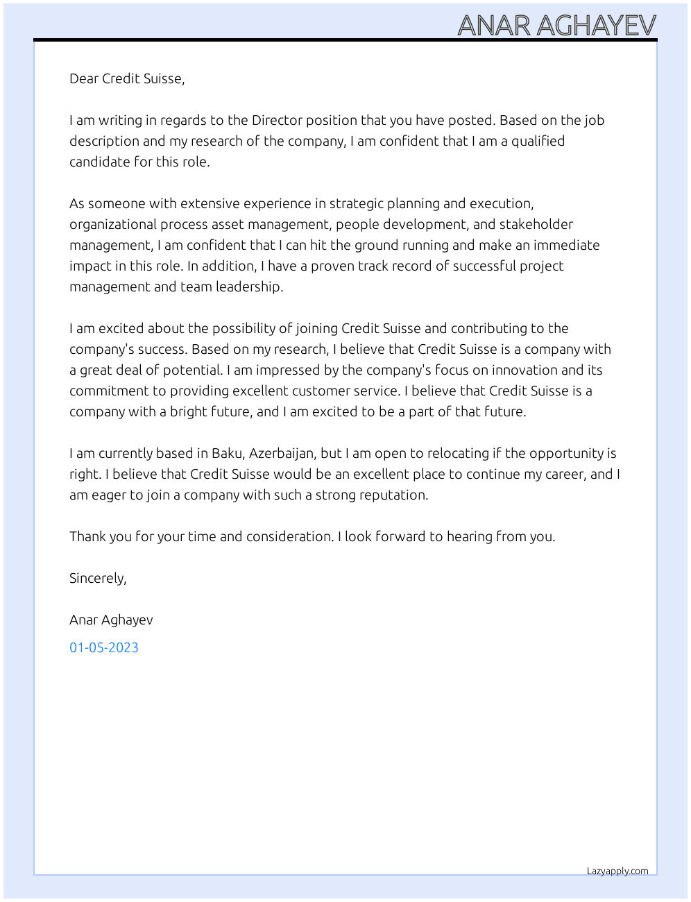 Director At AZBADAM Cover Letter
