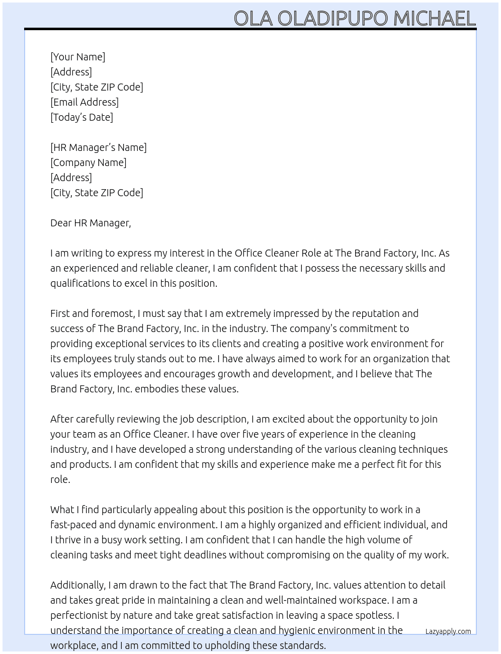 Office Cleaner Role At The Brand Factory, Inc. Cover Letter