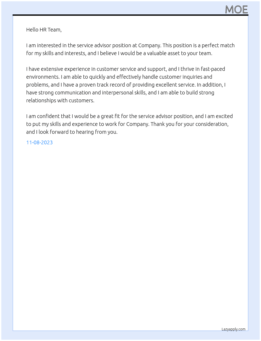 service advisor At Company Cover Letter