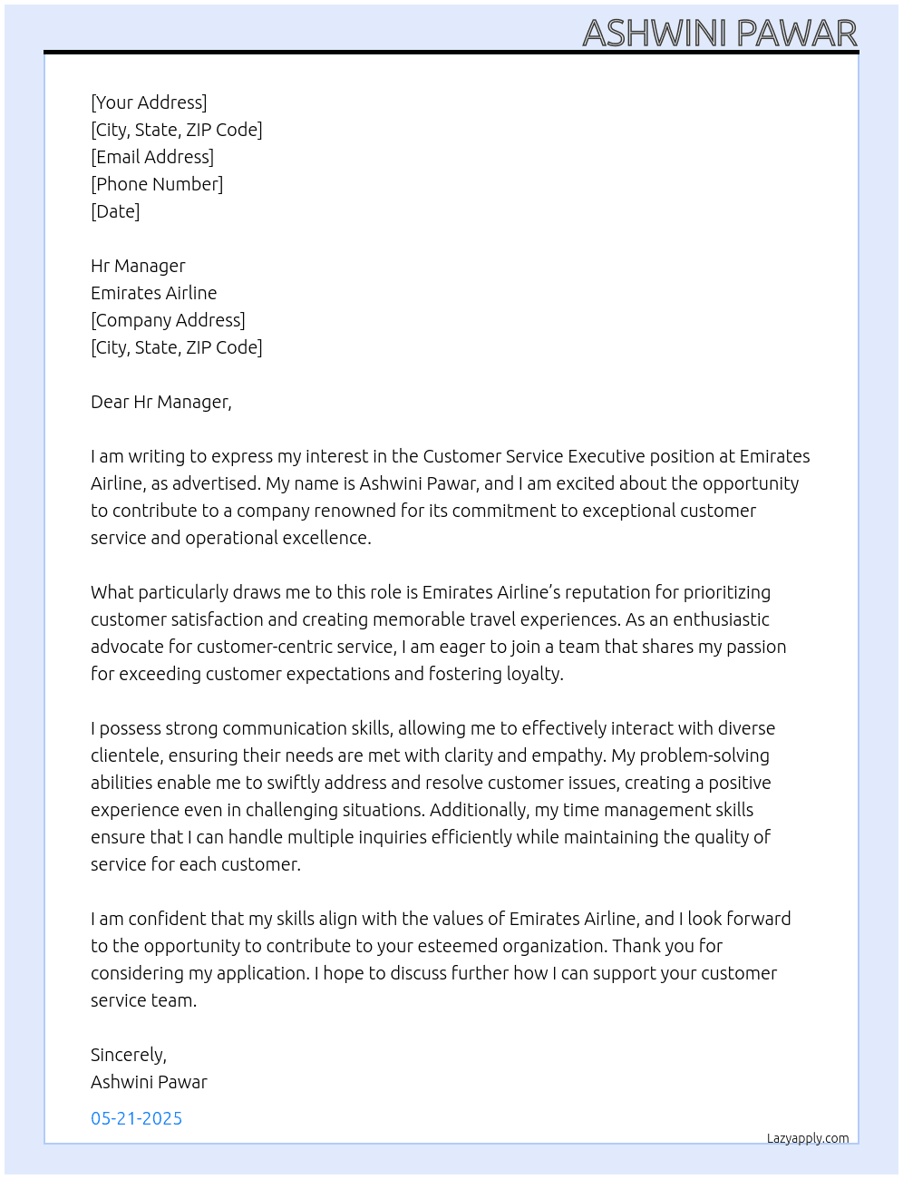 Customer Service Executive  At Emirates Airline  Cover Letter