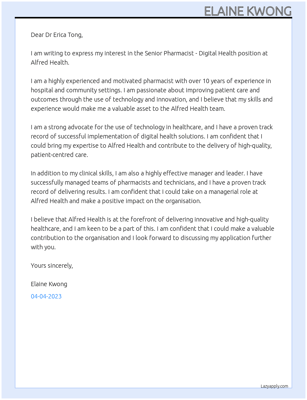 Senior Pharmacist - Digital Health At Alfred Health Cover Letter
