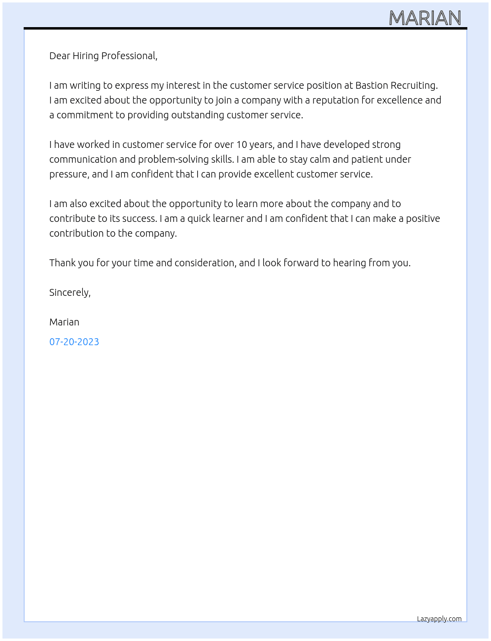 customer service At Bastion Recruiting Cover Letter