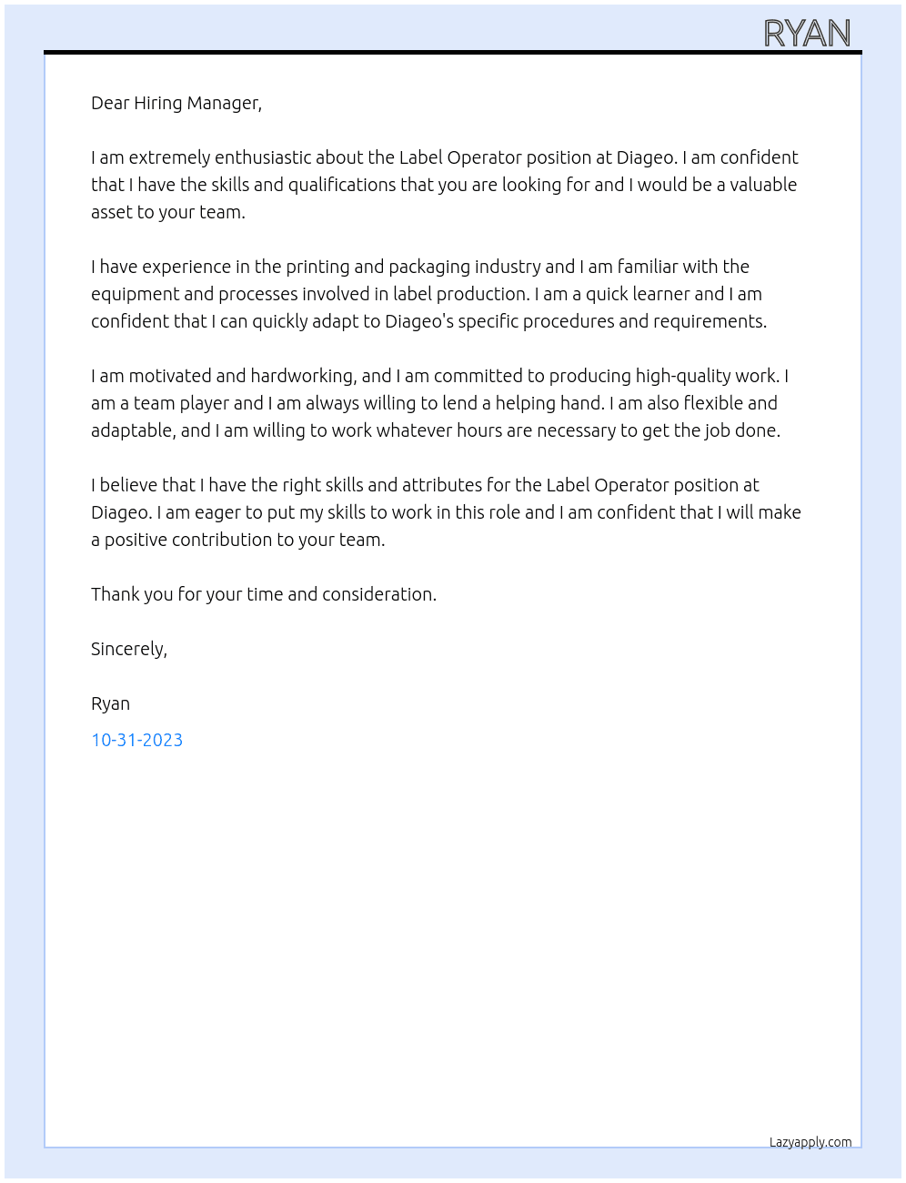 Label operator  At Diageo Cover Letter