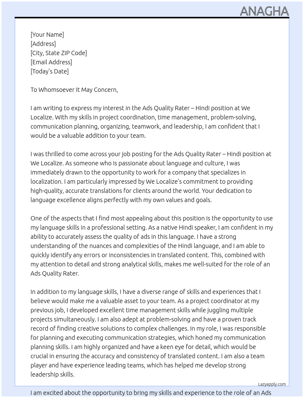 Ads Quality Rater - Hindi At We Localize Cover Letter