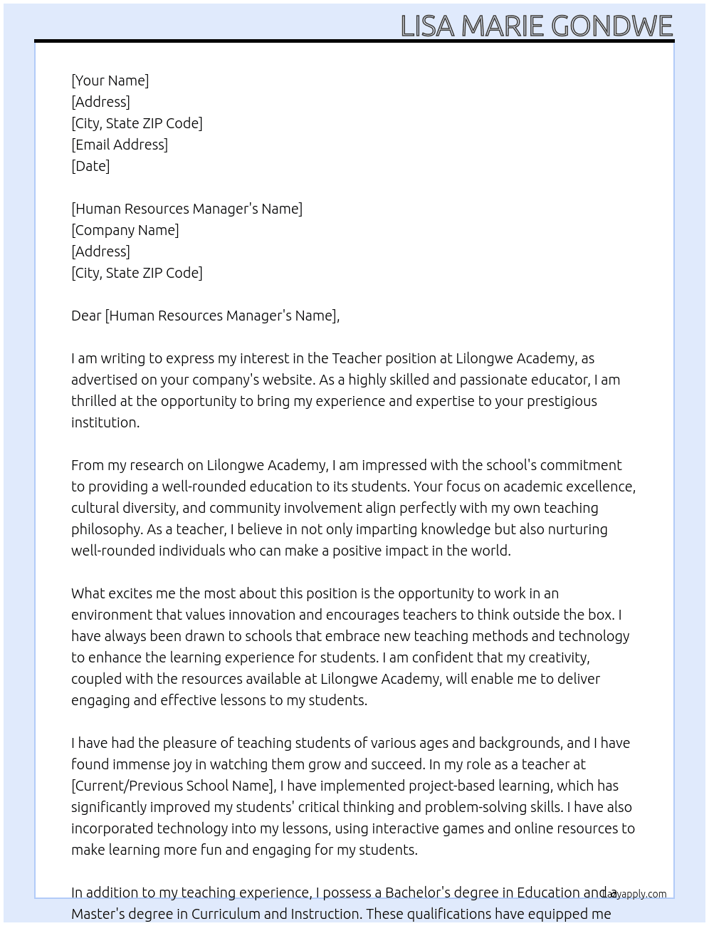 Teacher At Lilongwe Academy Cover Letter