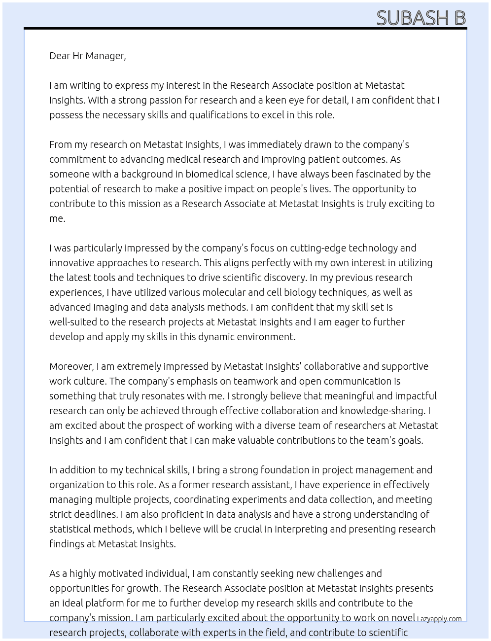 Research associate At Metastat insights Cover Letter