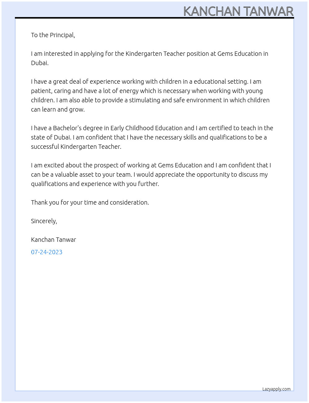 Kindergarten Teacher At Gems Education, Dubai Cover Letter