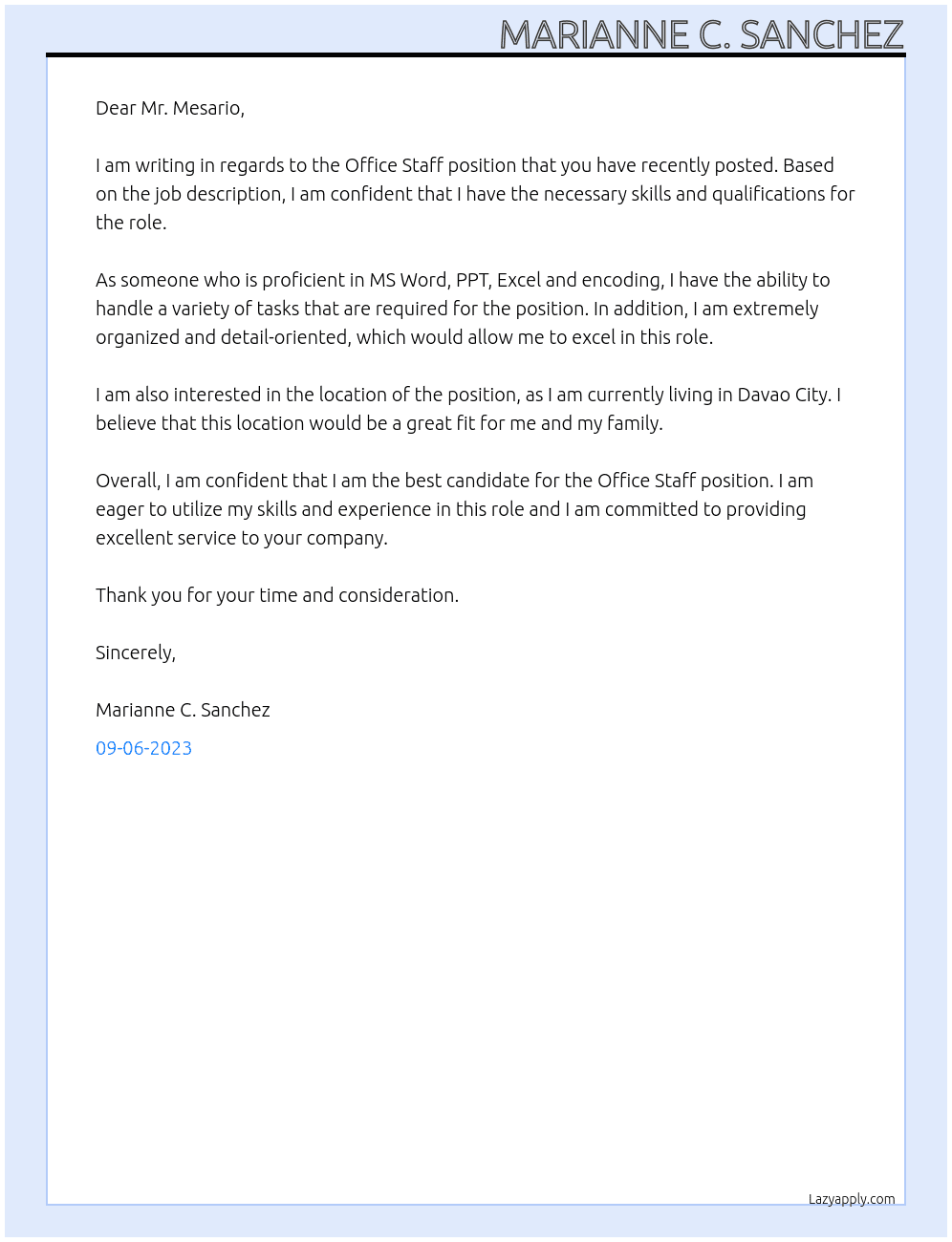 Office Staff At SGS Philippines, INC. Cover Letter