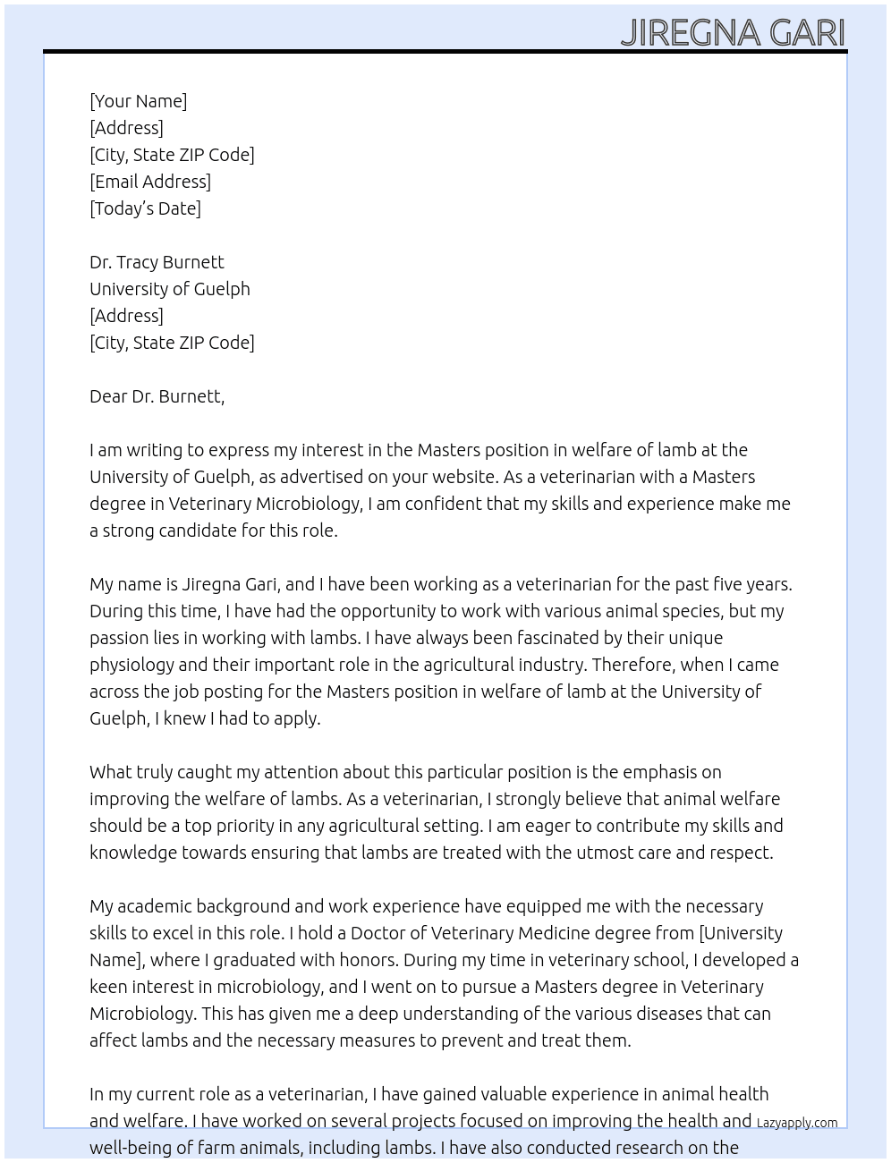 Masters position in welfare of lamb At University of Guelph Cover Letter