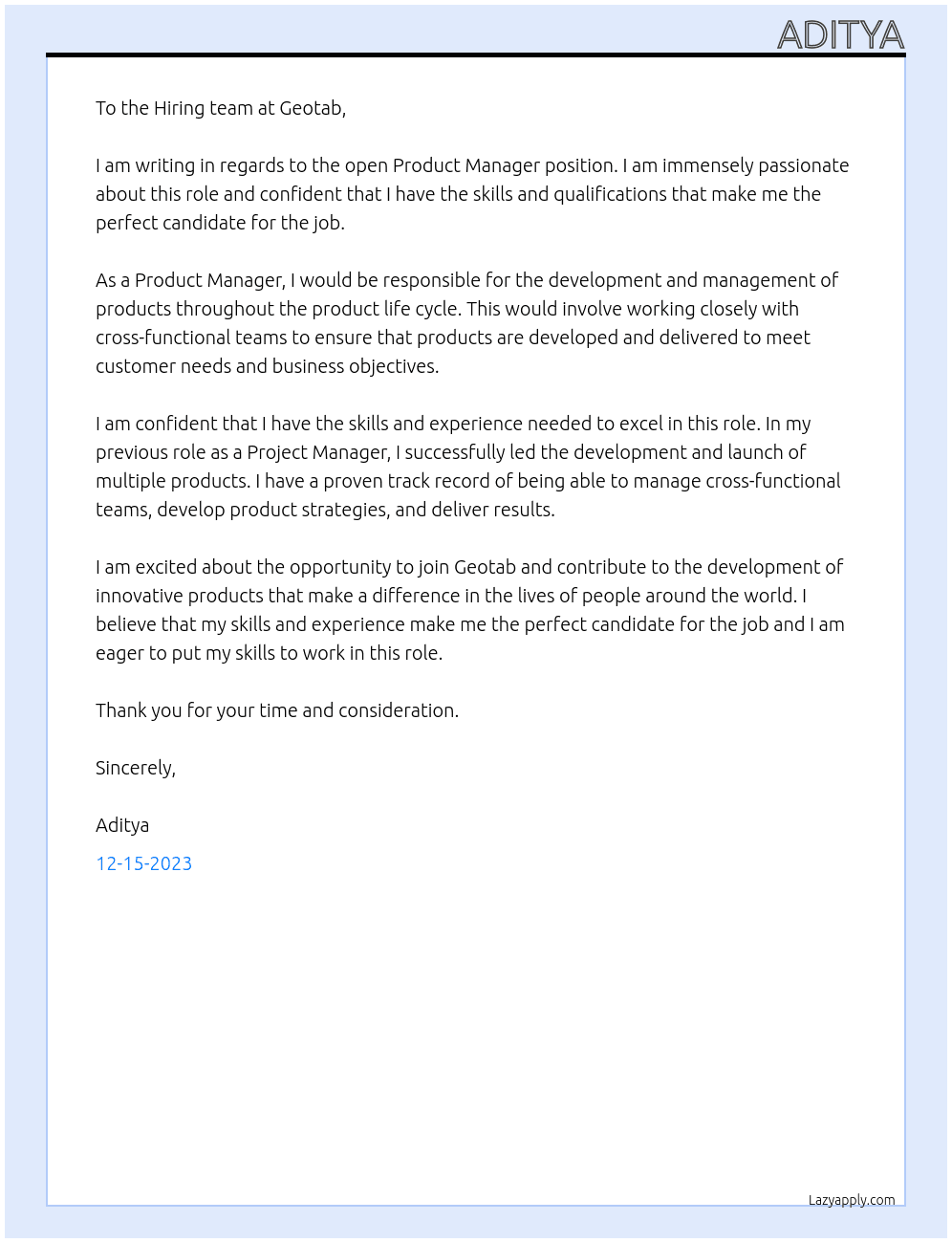 Product Manager At Geotab Cover Letter