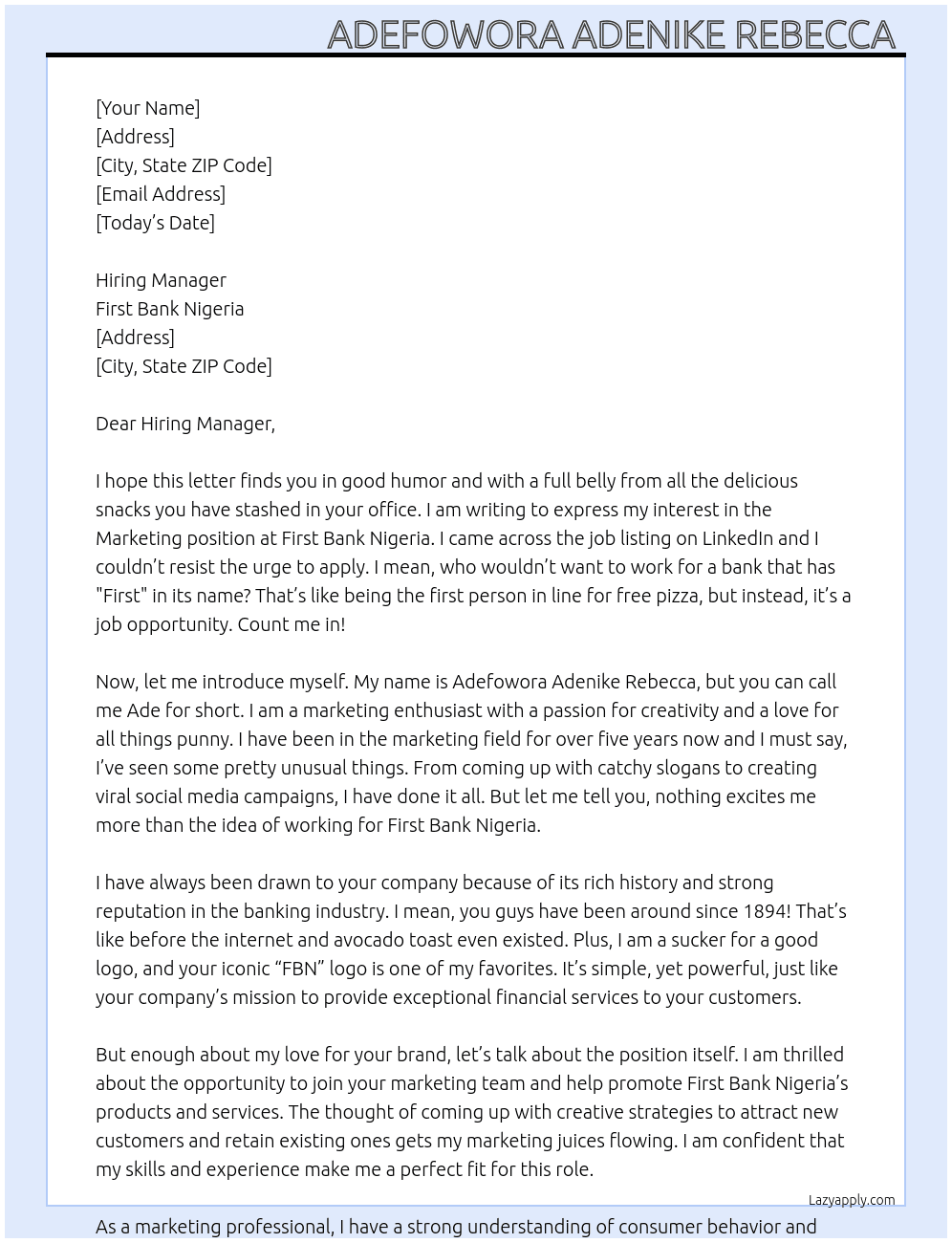 Marketing  At First Bank Nigeria  Cover Letter