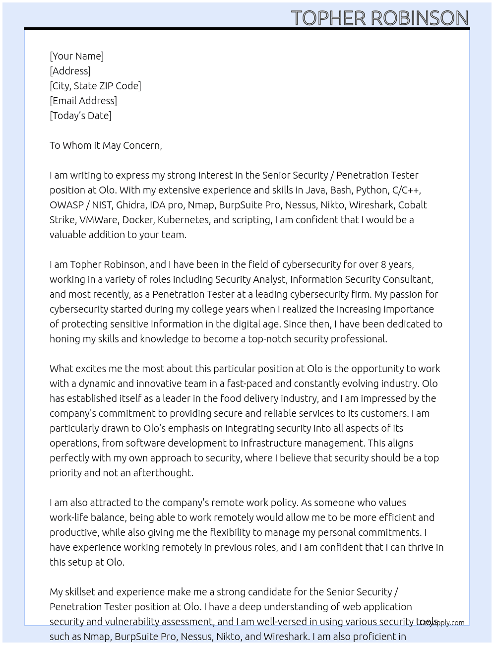 Senior Security / Penetration Tester At Olo Cover Letter