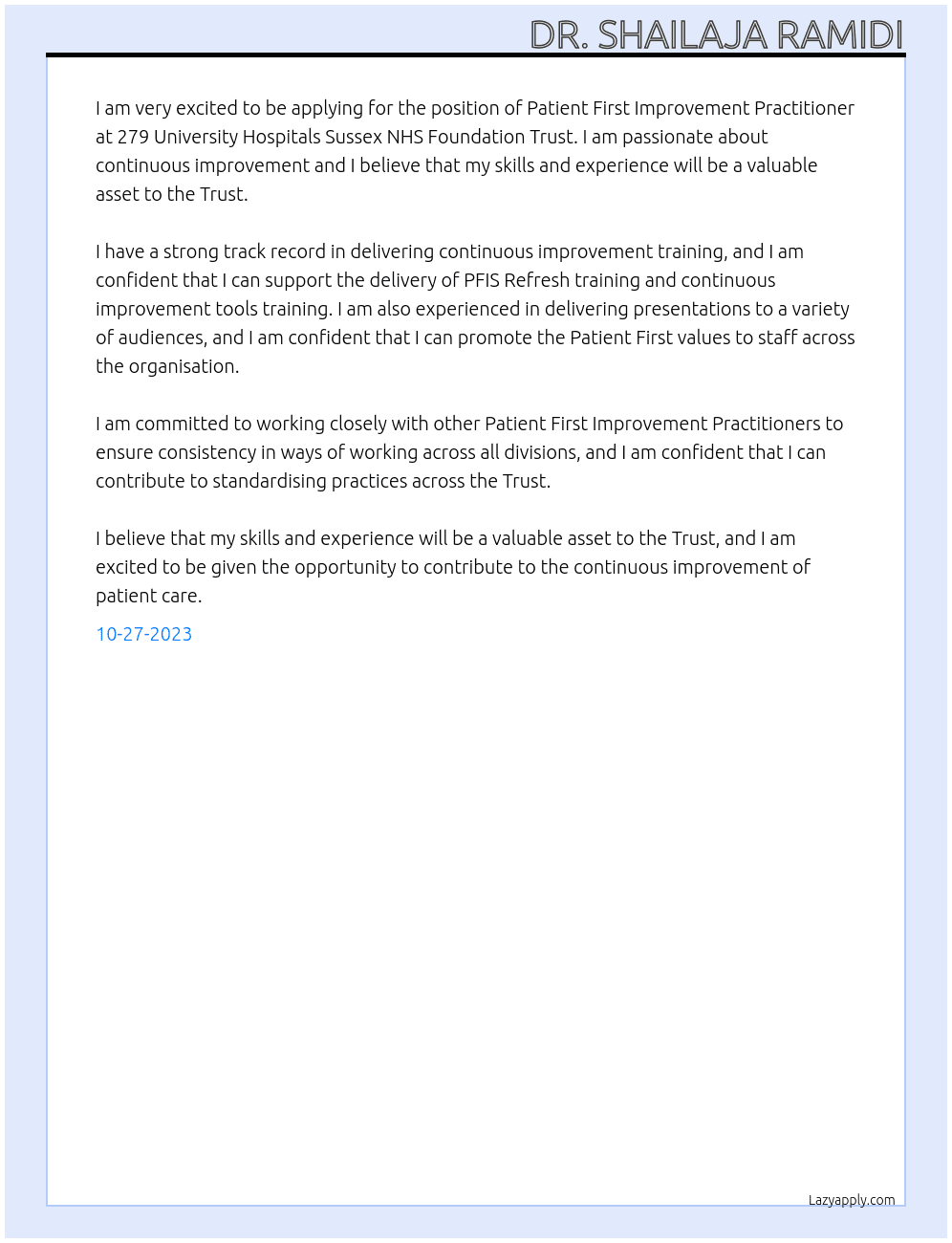 Patient First Improvement Practitioner At 279 University Hospitals Sussex NHS Foundation Trust Cover Letter