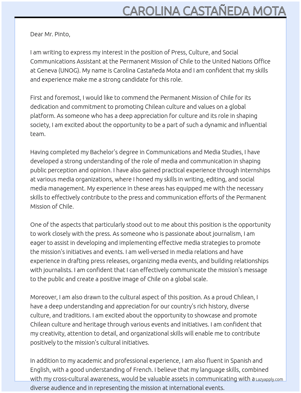 Press, culture and social communications Assistant At Permanent Mission of Chile to the UNOG Cover Letter