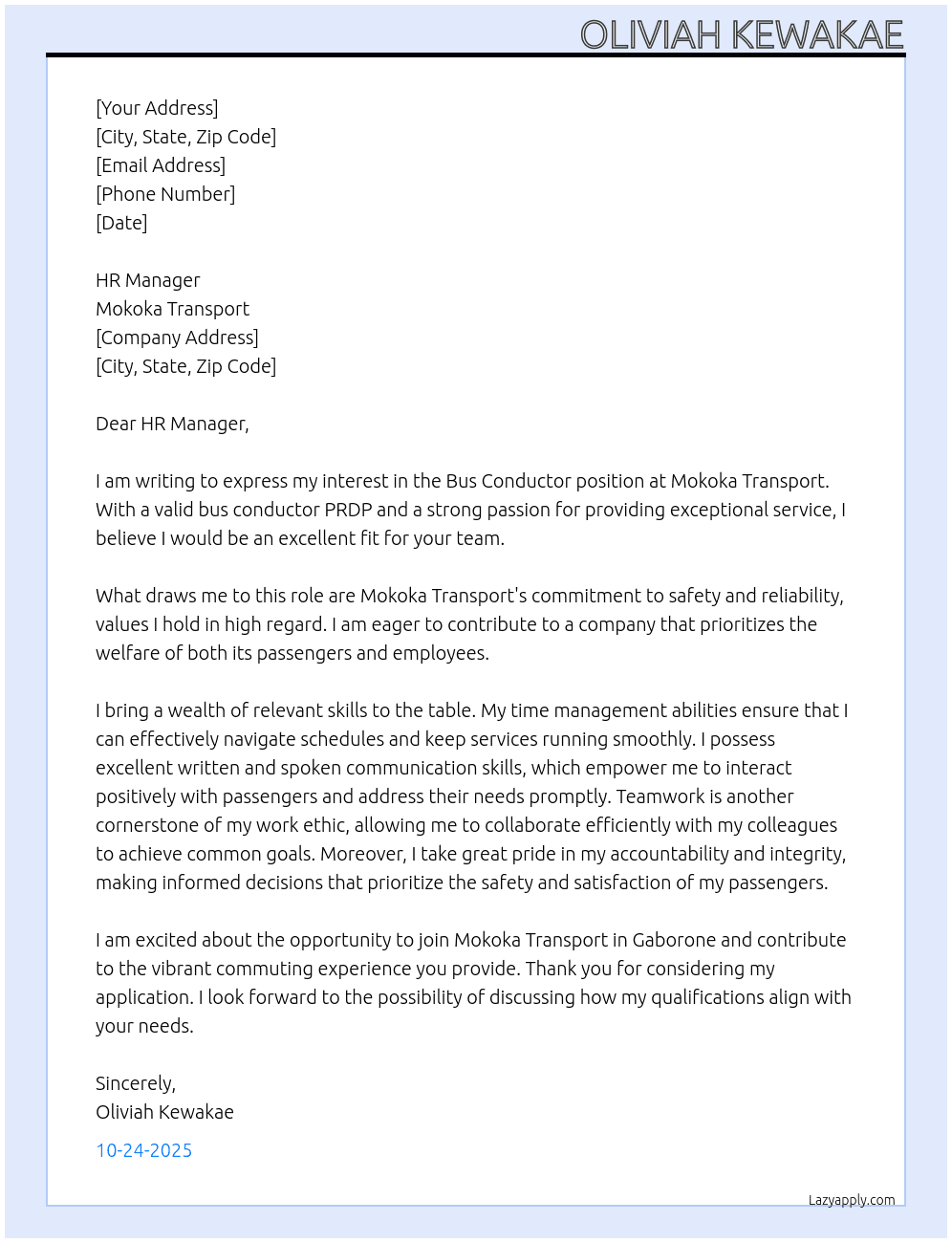 Bus Conductor At Mokoka Transport Cover Letter