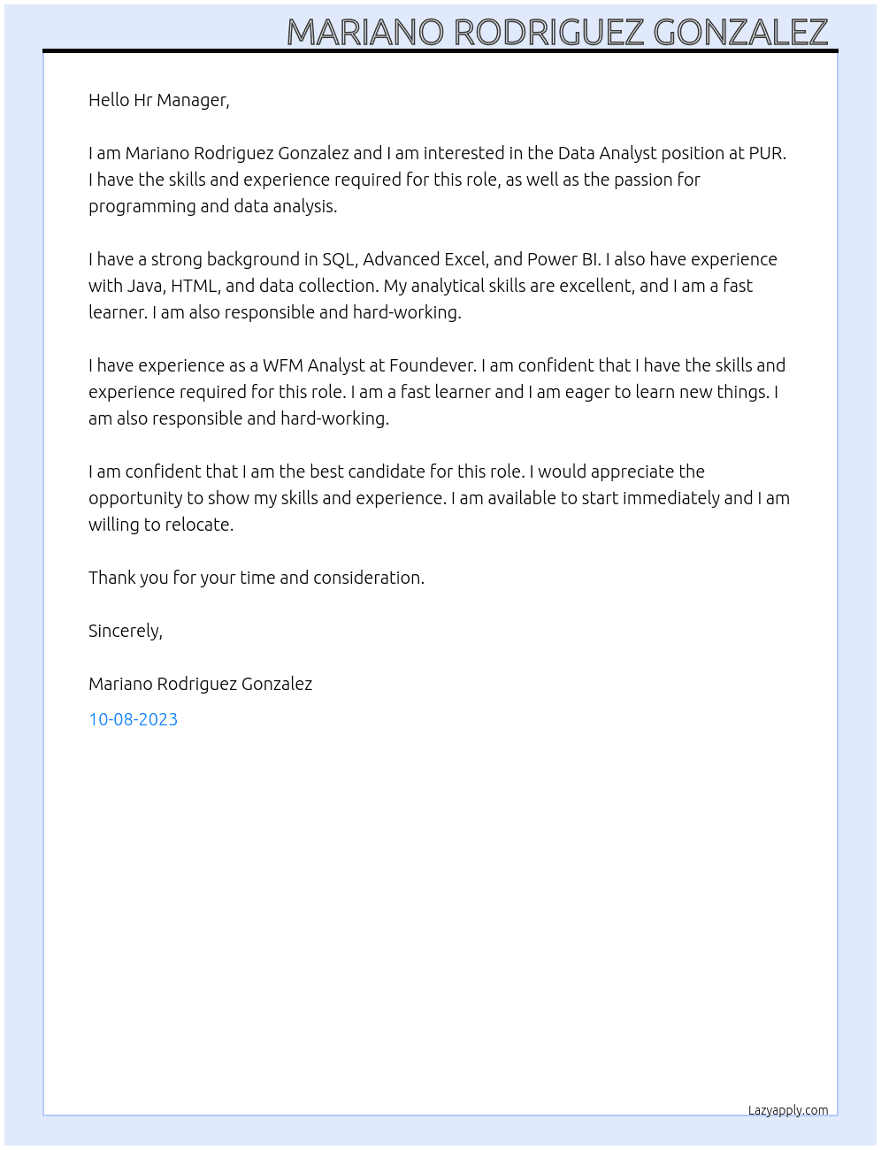 Data Analyst  At PUR Cover Letter