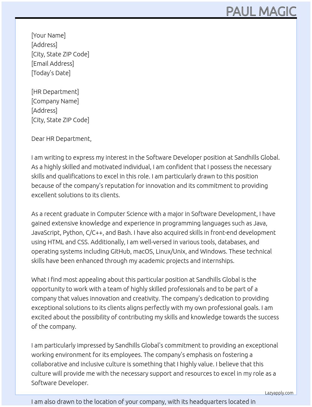 software developer At Sandhills Global Cover Letter