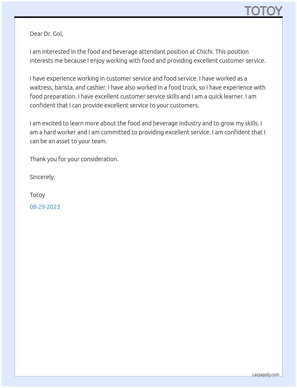 Food and beverage attendant  At Chichi  Cover Letter