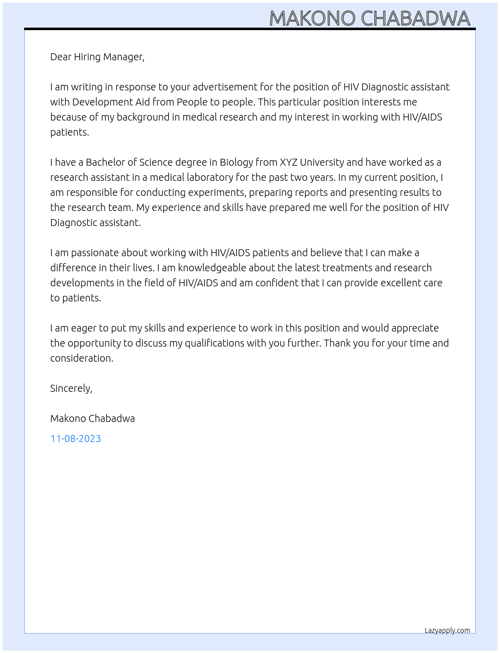 HIV Diagnostic assistant  At Development Aid from People to people  Cover Letter