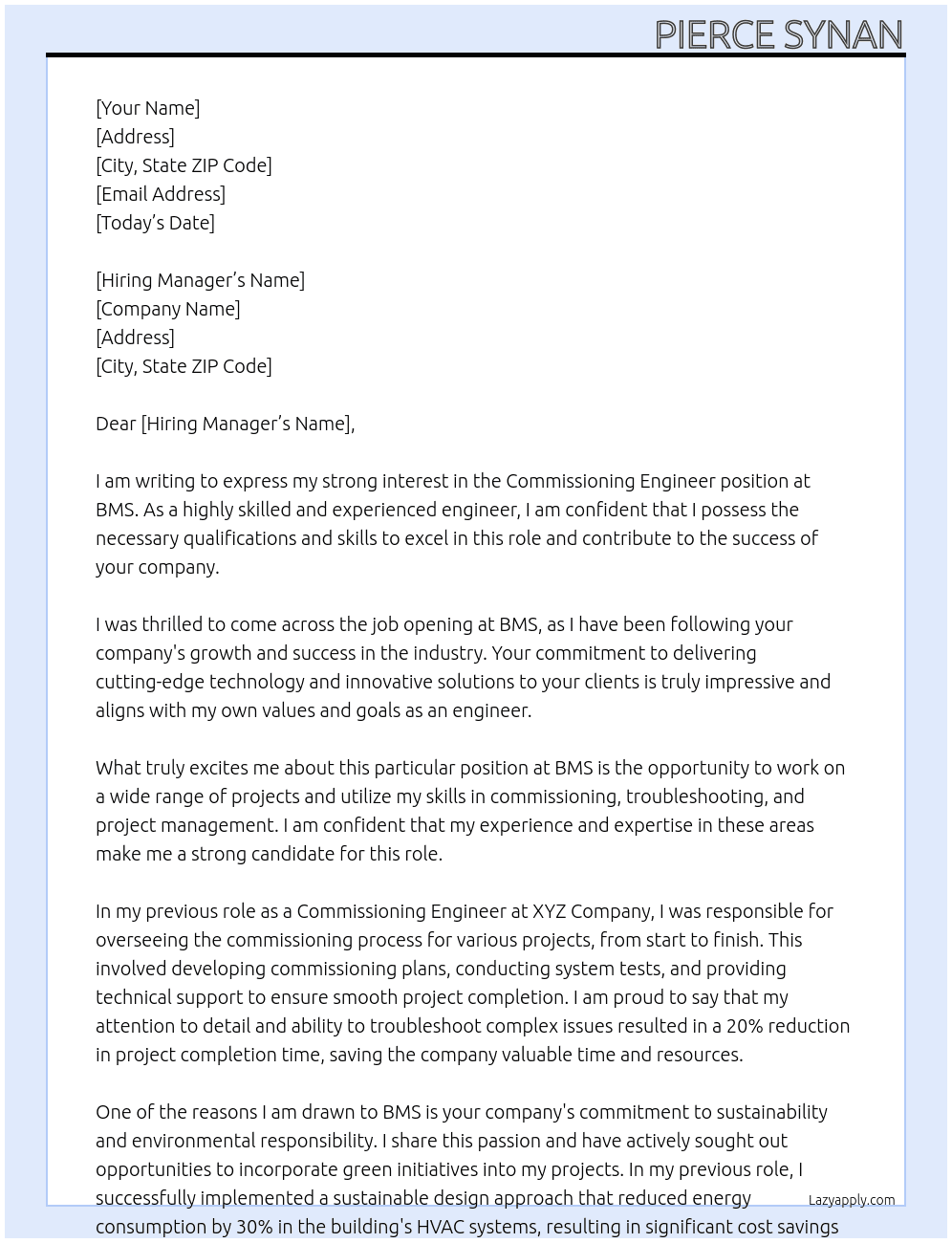 Commissioning Engineer At BMS Cover Letter