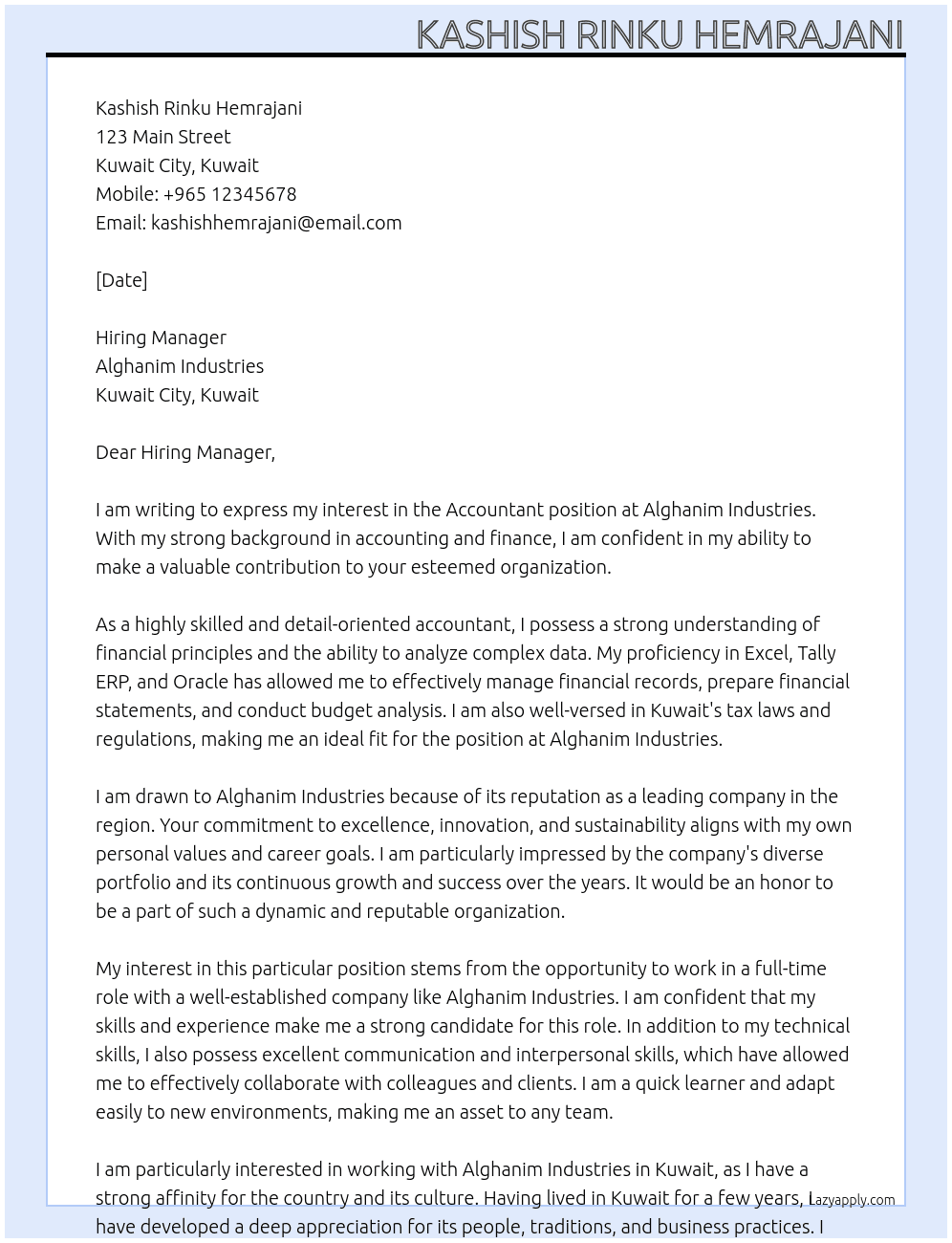 Accountant At Alghanim Industries Cover Letter