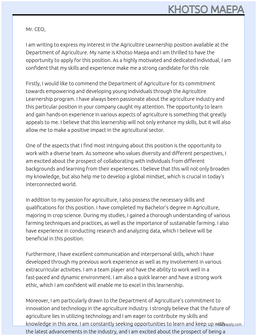 Cover letter for agricultire learnership - LazyApply