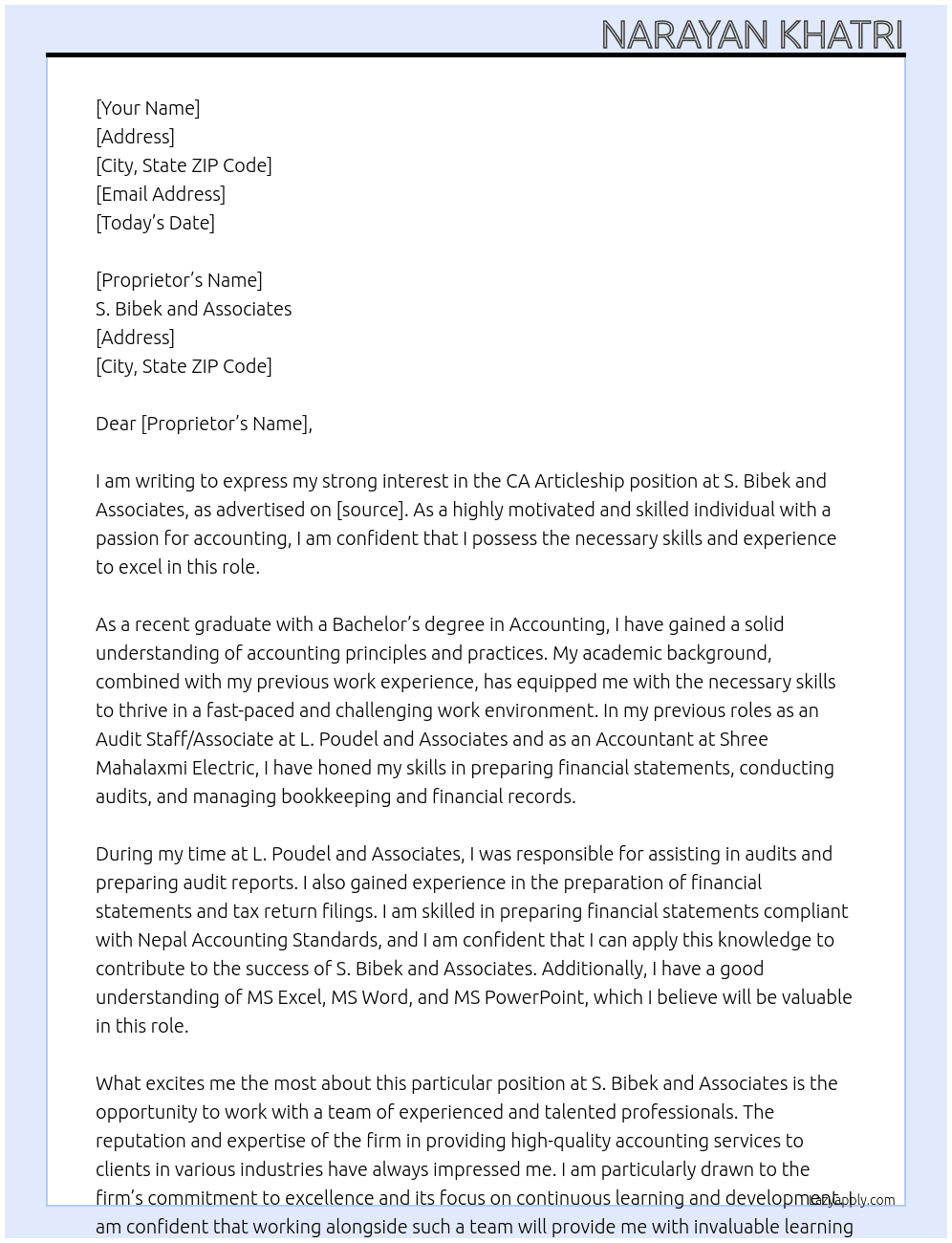 CA Articleship At S. BIBEK AND ASSOCIATES Cover Letter
