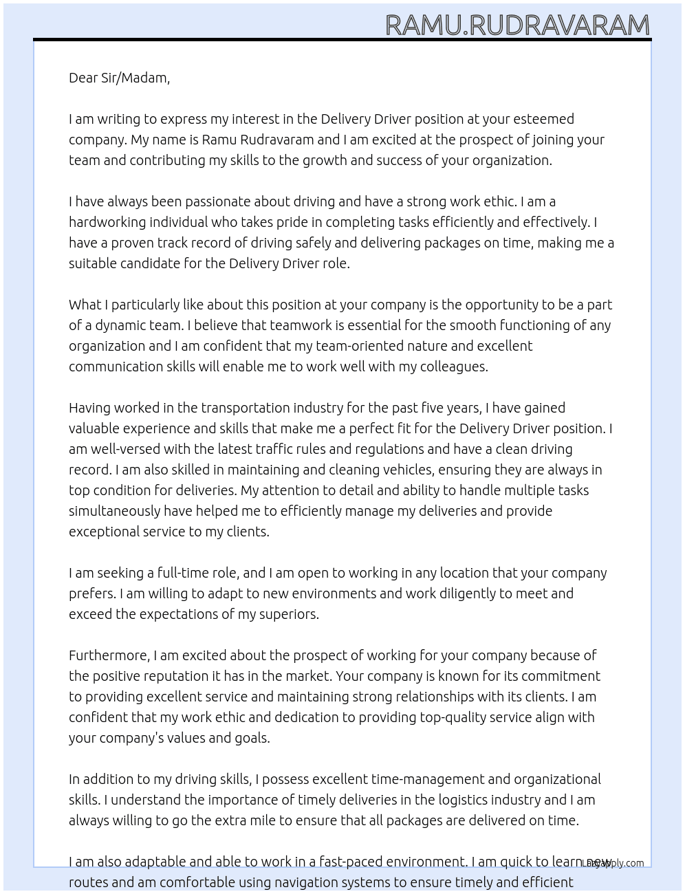 Delivery  Driver  At Sir/madam Cover Letter