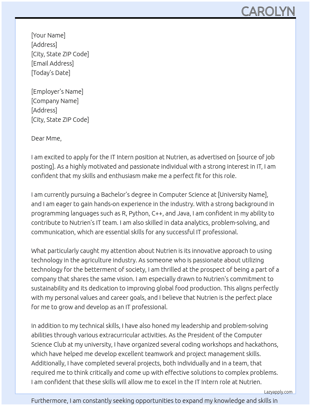IT Intern At Nutrien Cover Letter