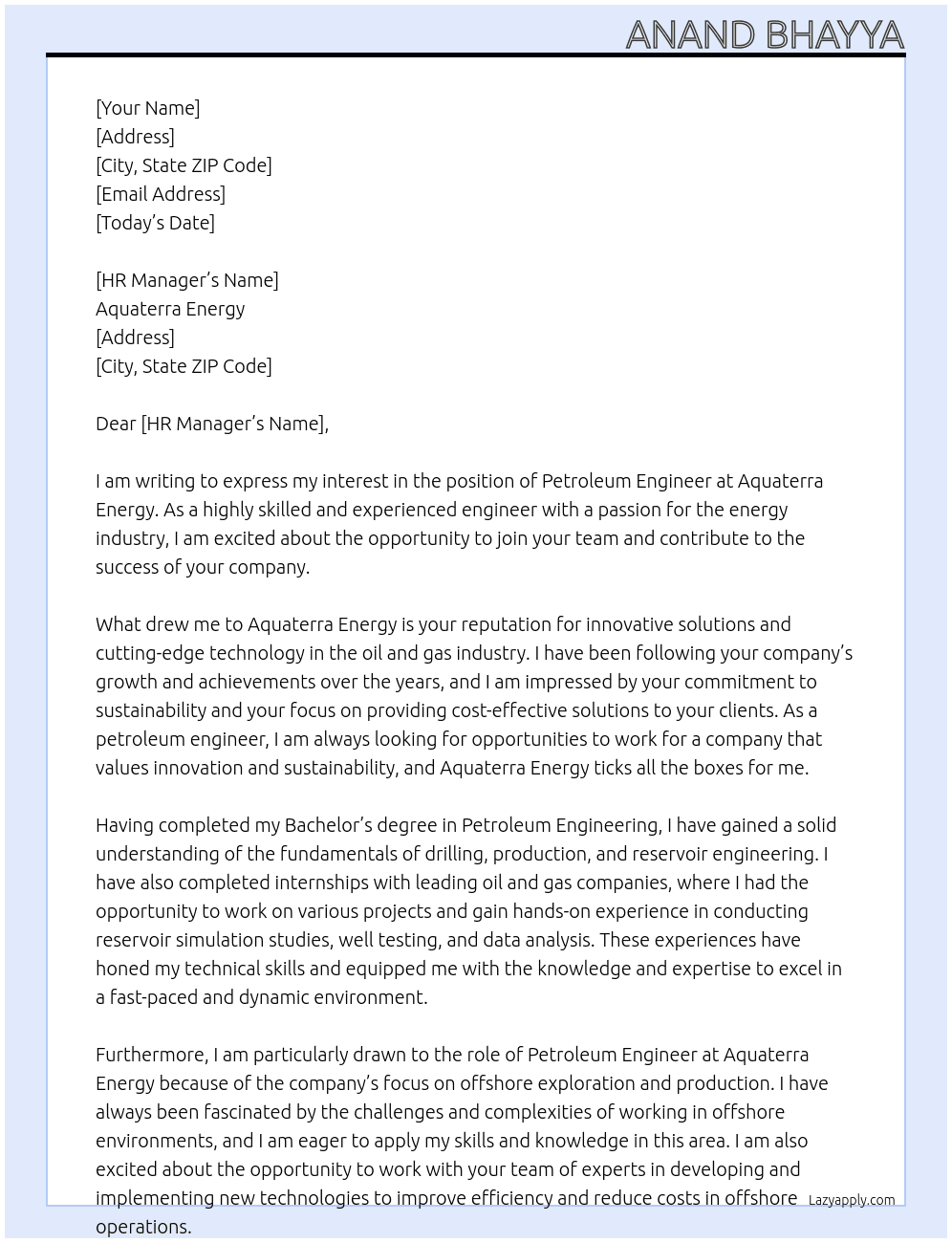 Petroleum engineer At Aquaterra energy Cover Letter