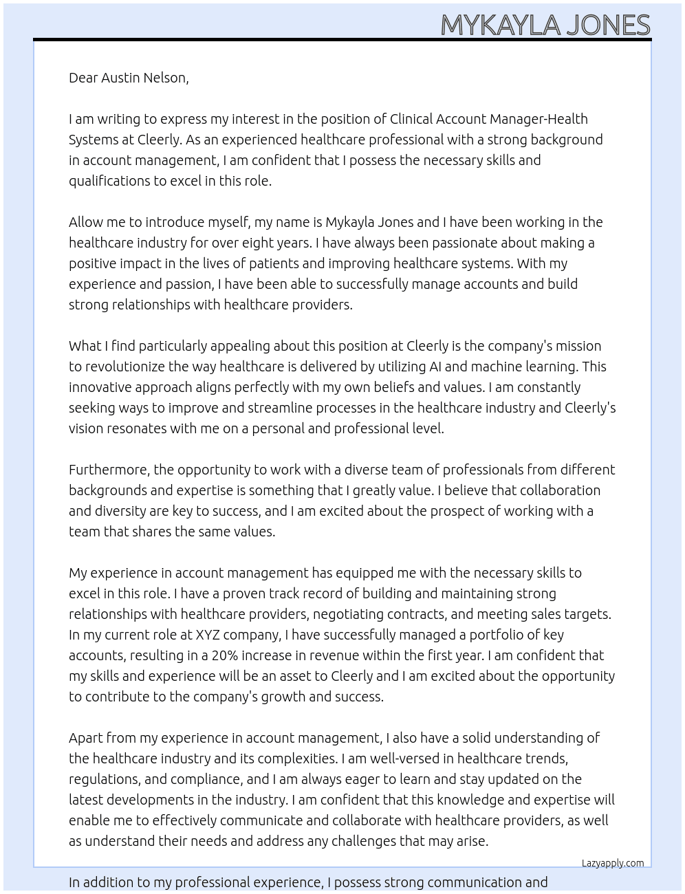 Clinical Account Manager-Health Systems At Cleerly  Cover Letter