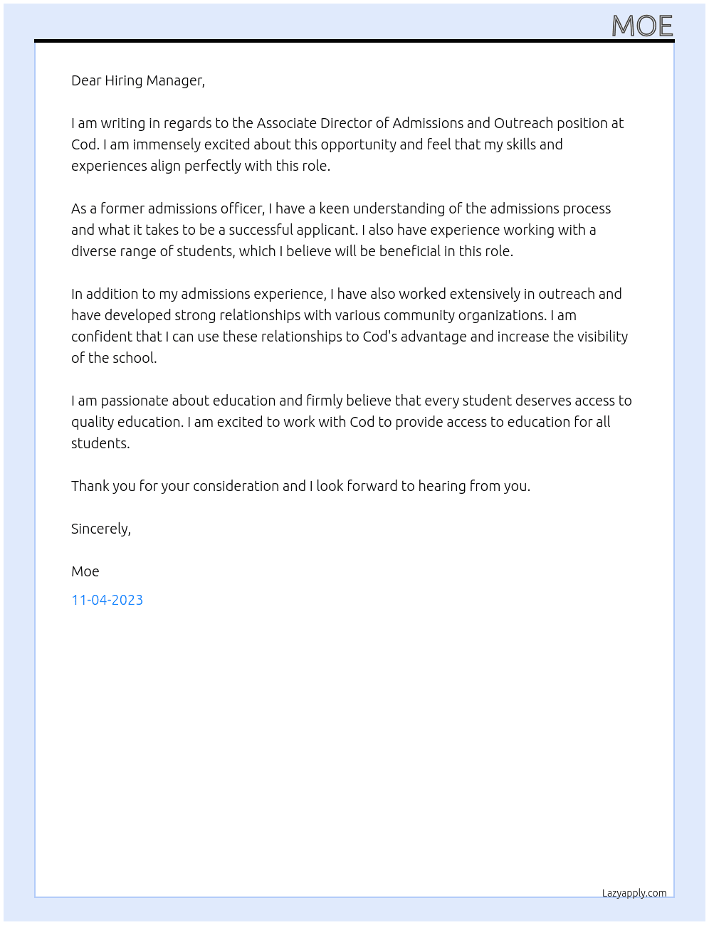 Associate director of admissions and outreach At Cod Cover Letter