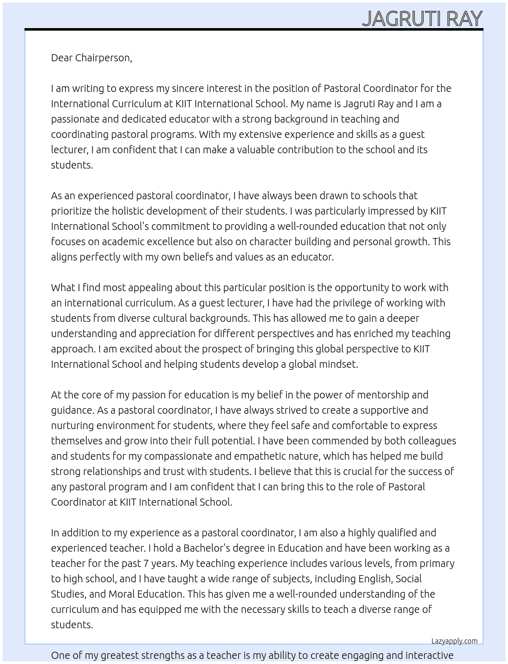 PASTORAL COORDINATOR, INTERNATIONAL CURRICULUM At KIIT INTERNATIONAL SCHOOL Cover Letter