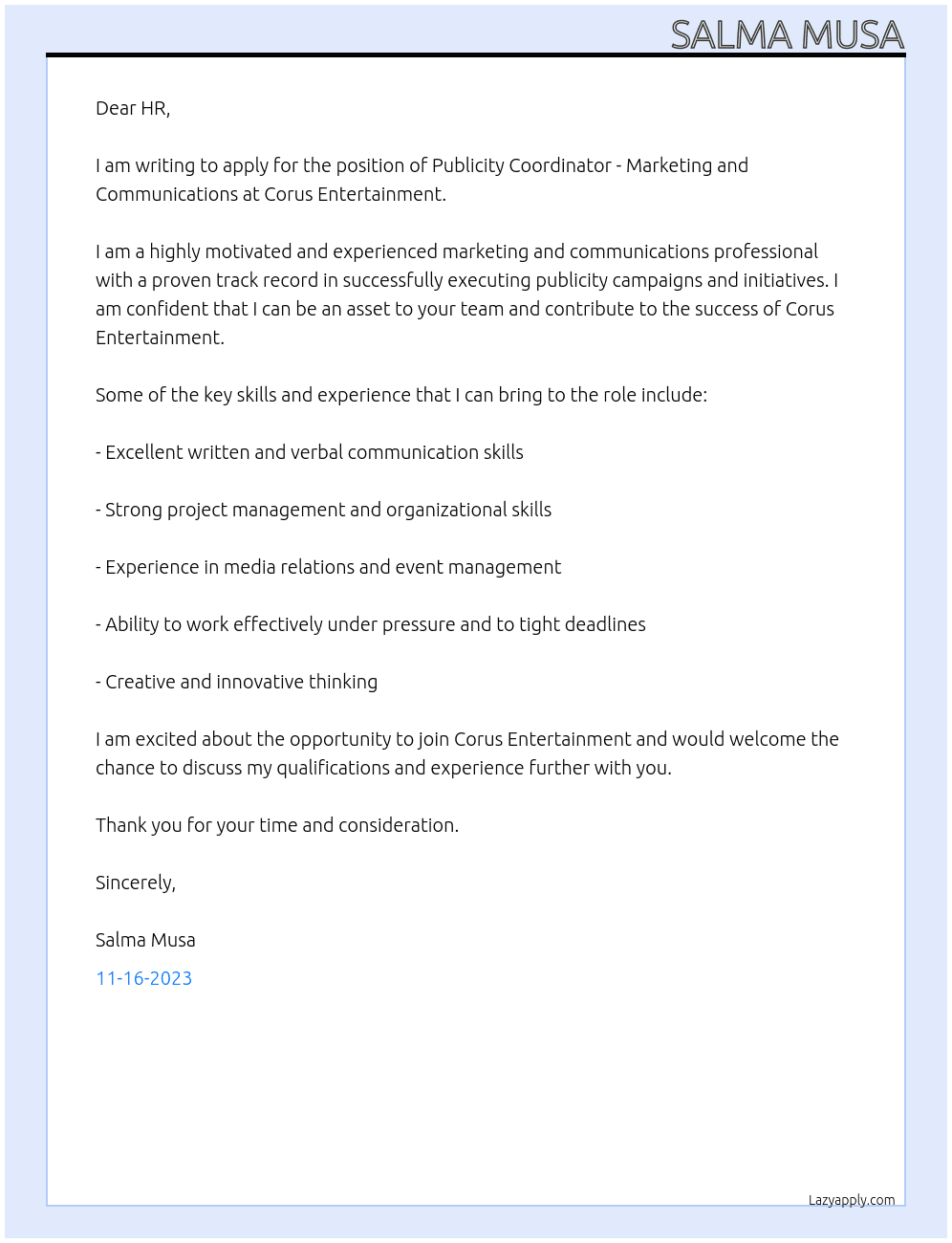 Publicity Coordinator - Marketing and Communications At Corus Entertainment Cover Letter