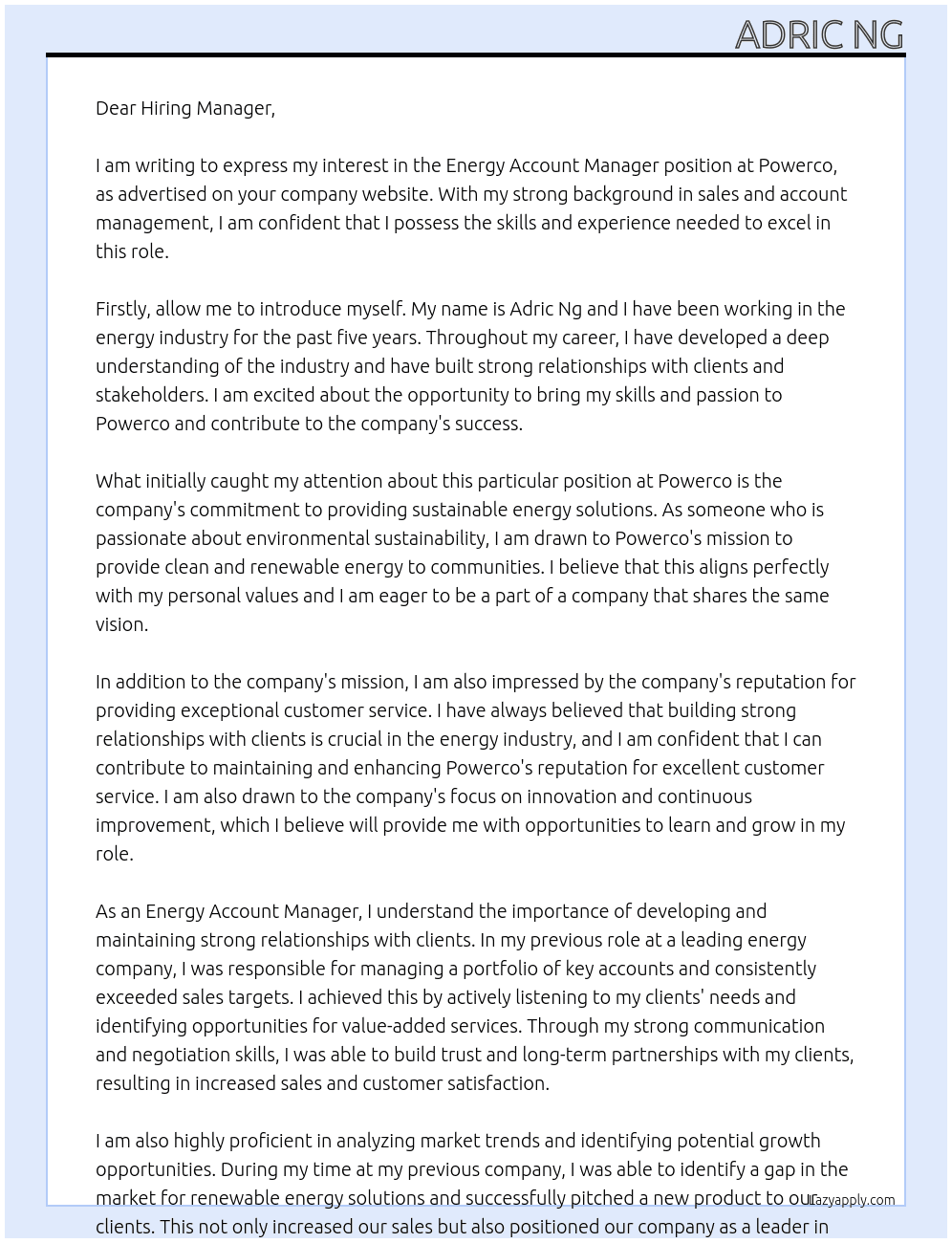 Energy Account Manager At Powerco Cover Letter
