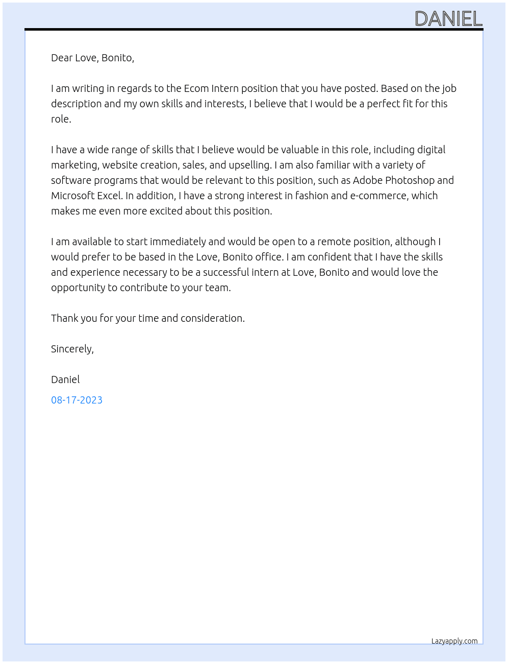 Ecom Intern At Love, Bonito Cover Letter