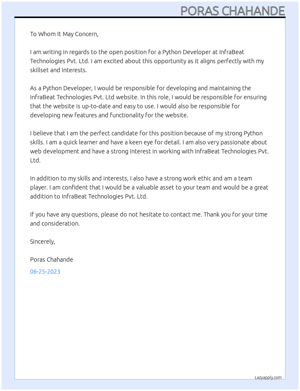 Python Developer At InfraBeat Technologies Pvt. Ltd. Cover Letter