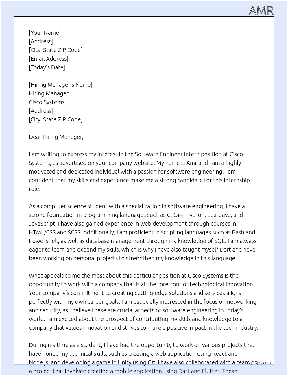 Software Engineer Intern At Cisco Systems Cover Letter