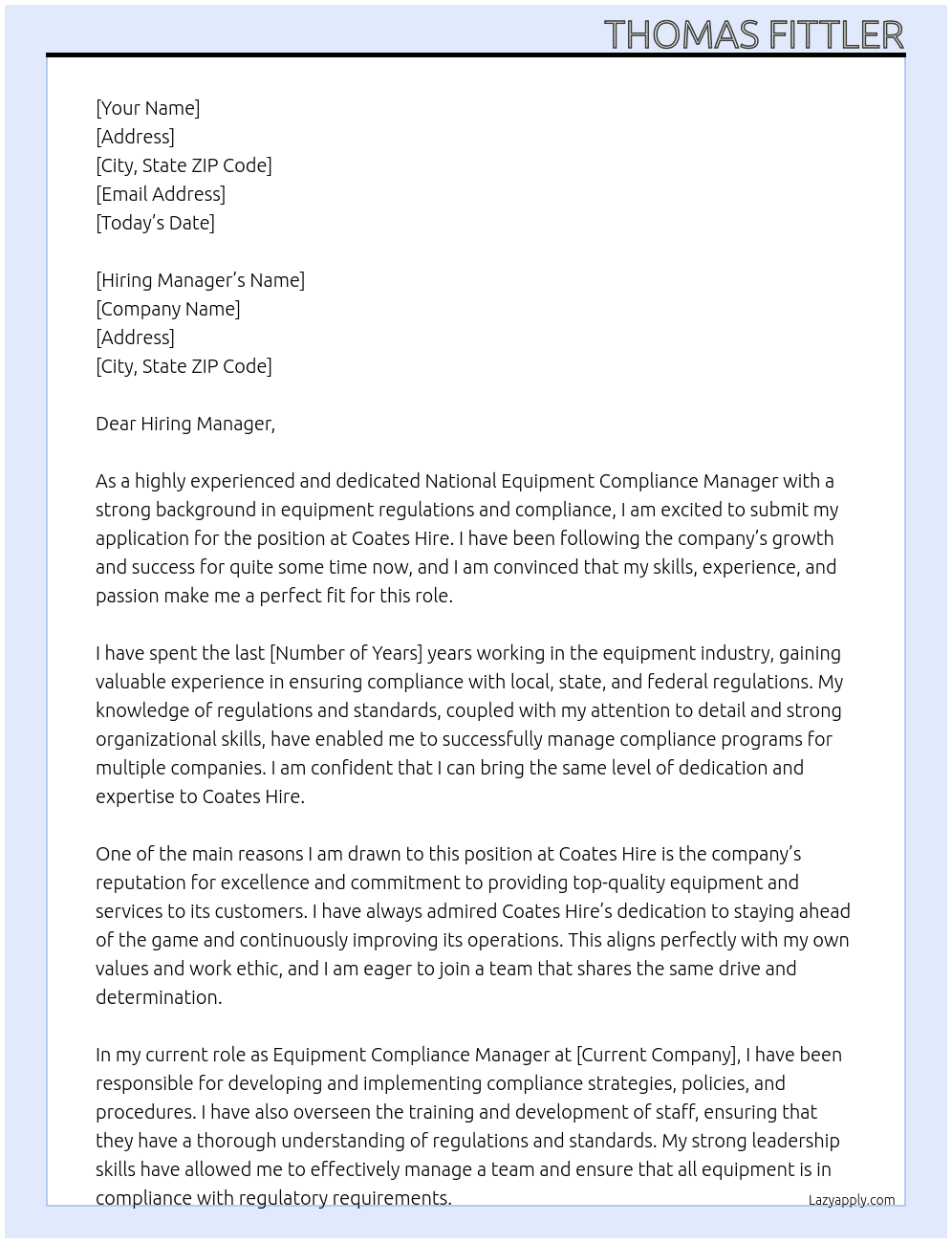 National Equipment Compliance Manager At coates hire Cover Letter