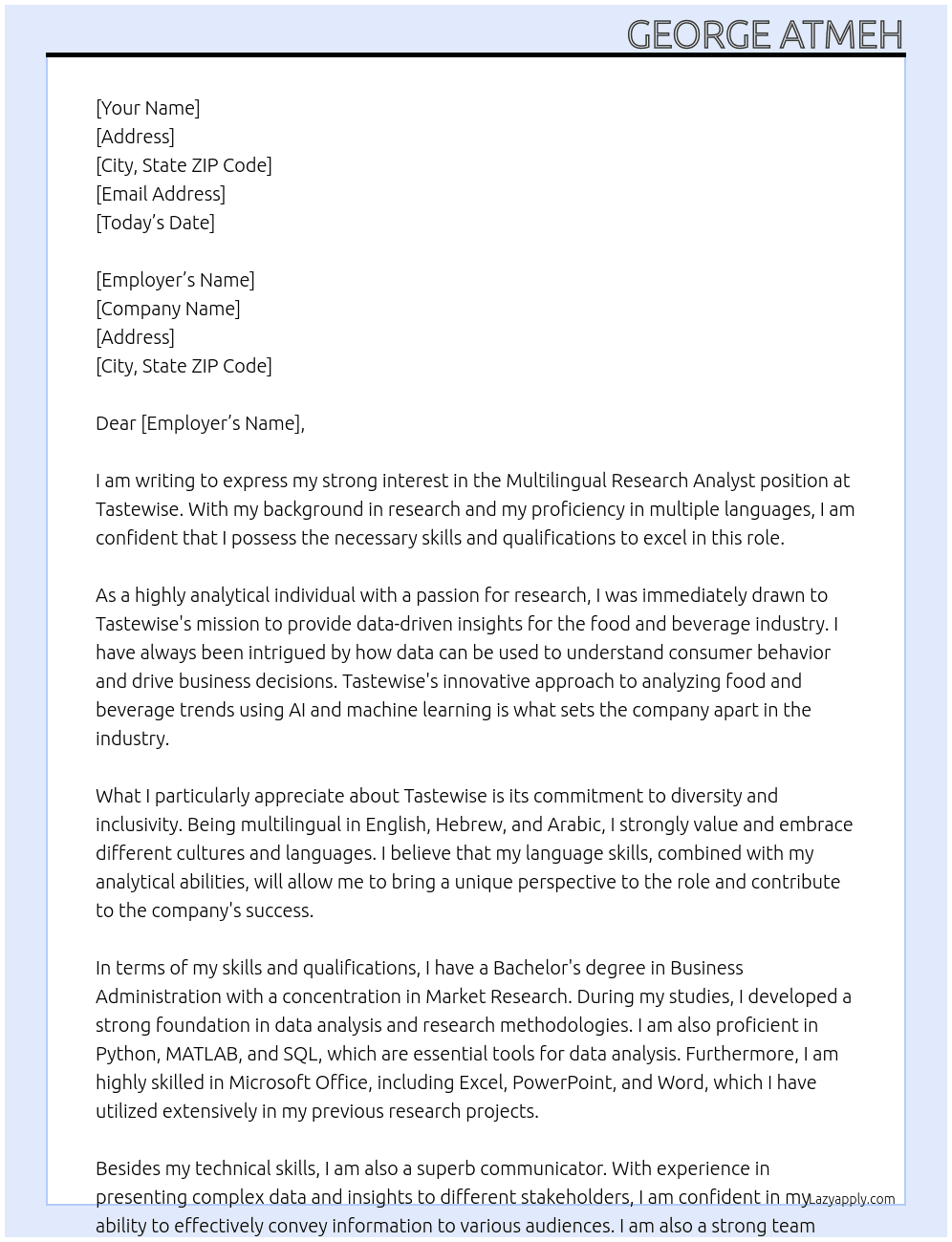 Multilingual Research Analyst At tastewise Cover Letter