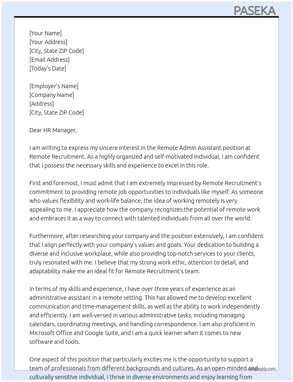 Cover letter for remote admin assistant - LazyApply