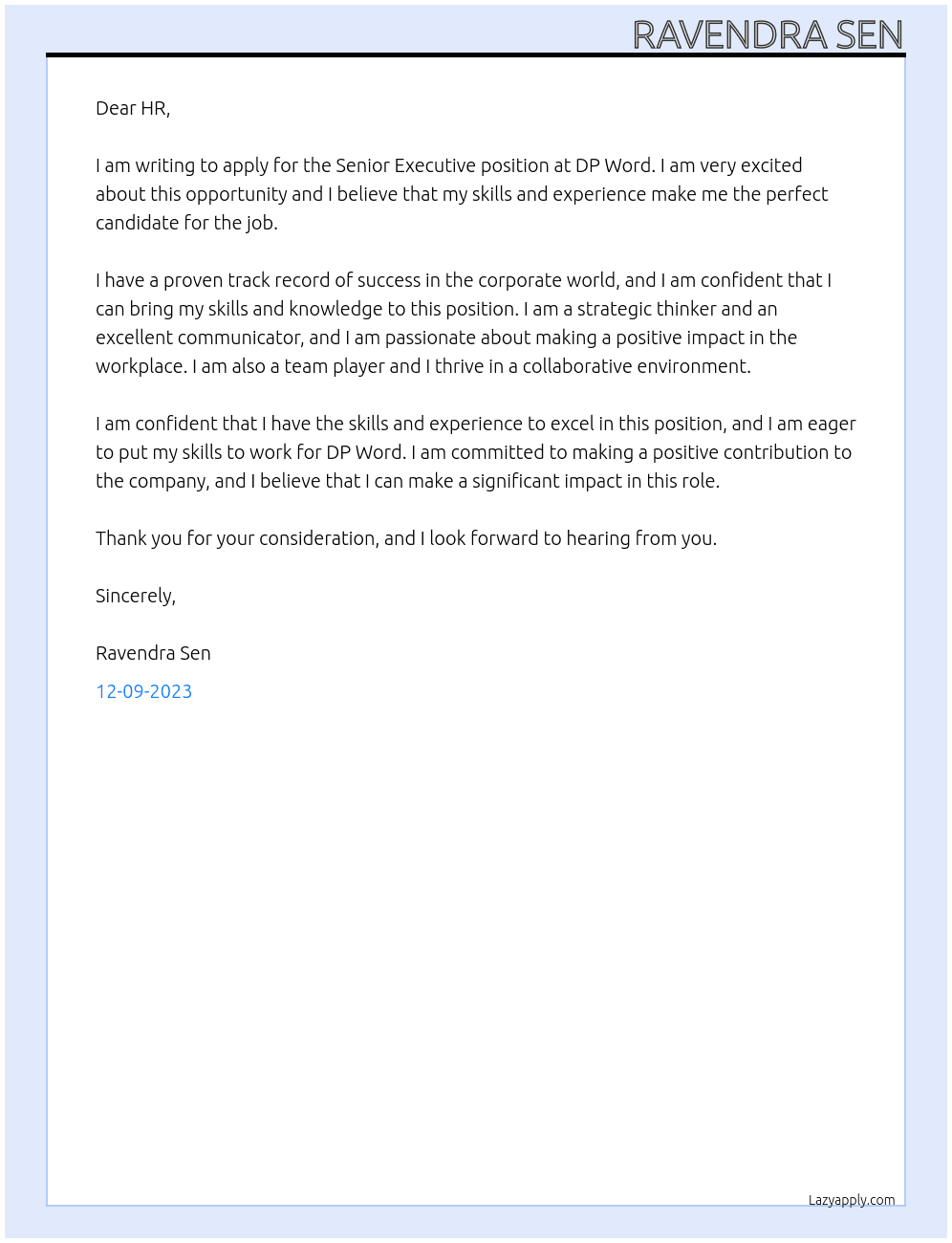 SENIOR EXECUTIVE At DP WORD Cover Letter