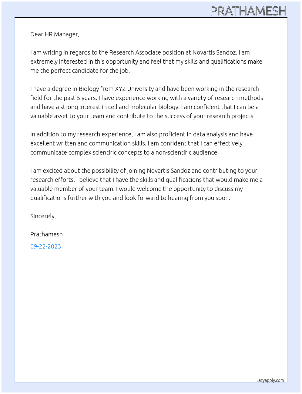 Research Associate At Novartis Sandoz Cover Letter