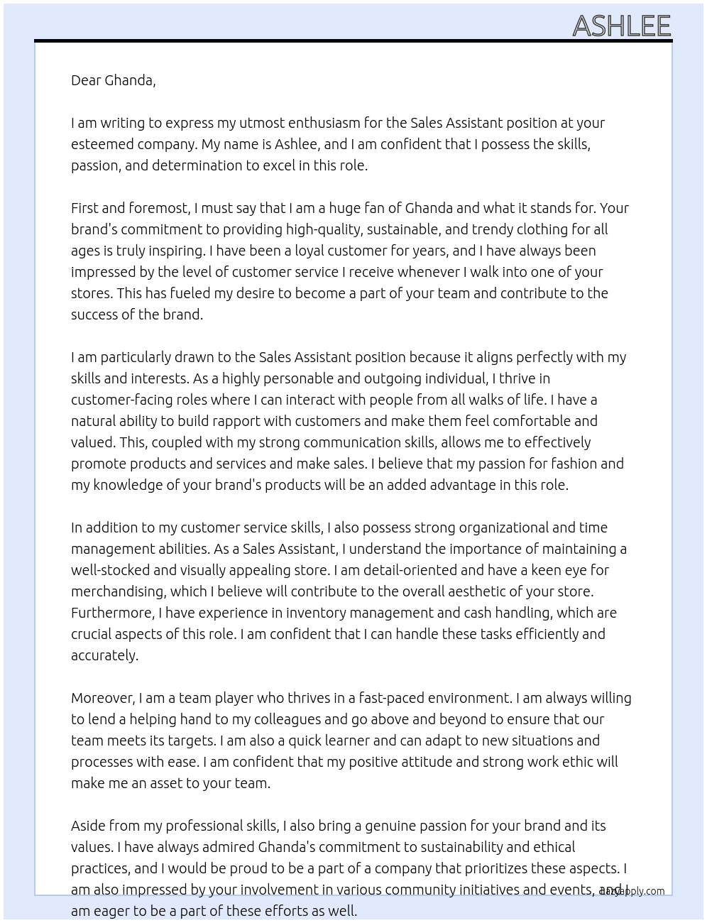 Sales assitant  At Ghanda Cover Letter