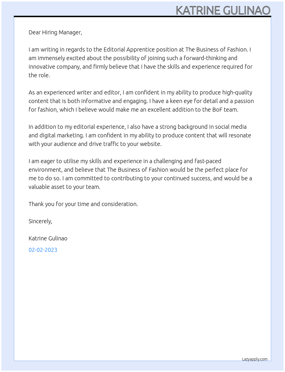 Cover letter for editorial apprentice - LazyApply
