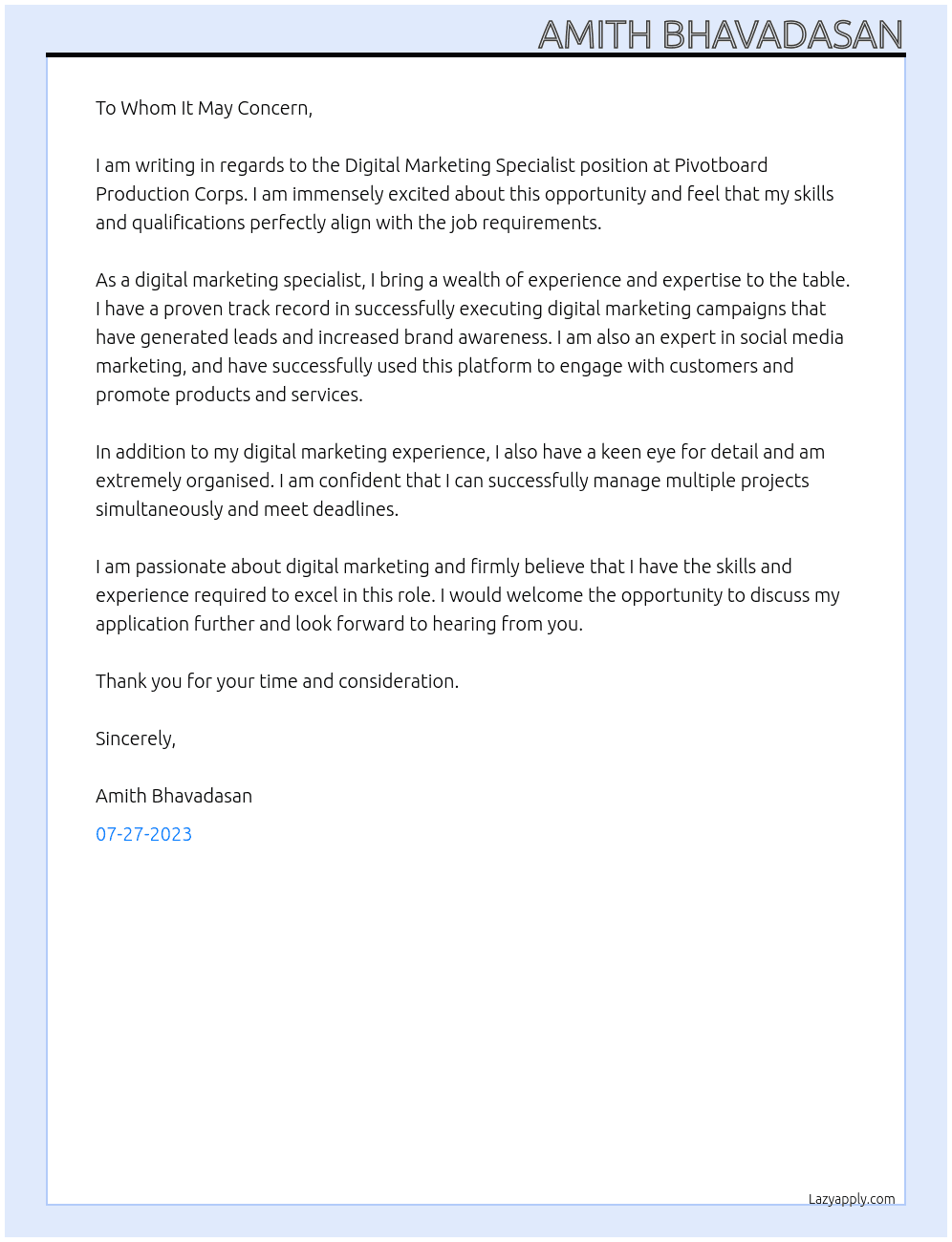 Digital Marketing Specialist At Pivotboard Production Corps Cover Letter