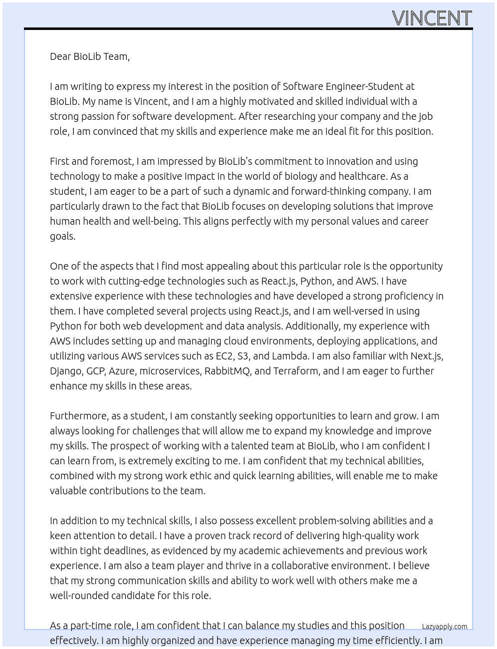 Software Engineer - Student At BioLib Cover Letter