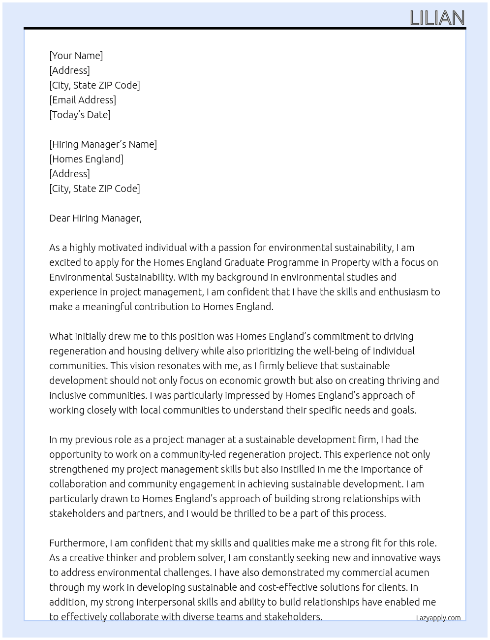Homes England Graduate Programme - Property - Environmental Sustainability At Homes England Cover Letter
